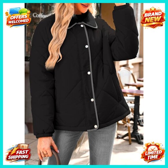 Quilted Puffer Jacket Casual Oversized Chic Winter Outerwear Snap Front - Picture 3 of 6